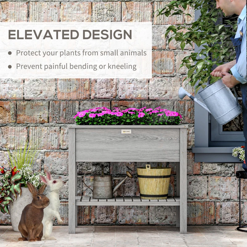Outsunny Wooden Raised Garden Bed, Elevated Planter Box with Storage Shelf and Drainage Holes, Raised Planter with Legs, Grey