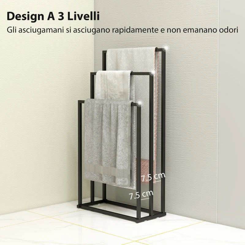 HOMCOM Portasciugamani da Terra a 3 Bracci Autoportante in Acciaio, 45x21.5x85 cm