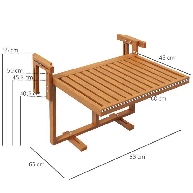 Outsunny Mesa Colgante para Balcón Plegable de Madera con Altura Ajustable en 4 Niveles Carga 20 kg 68x65x40,5-55 cm Natural