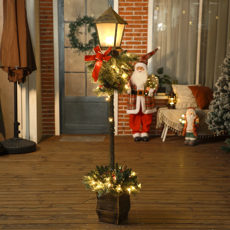 Outsunny Kerstlantaarn met Bessen, Dennenappels & Strik, LED-Lichtjes, Metalen Paal, 150 cm