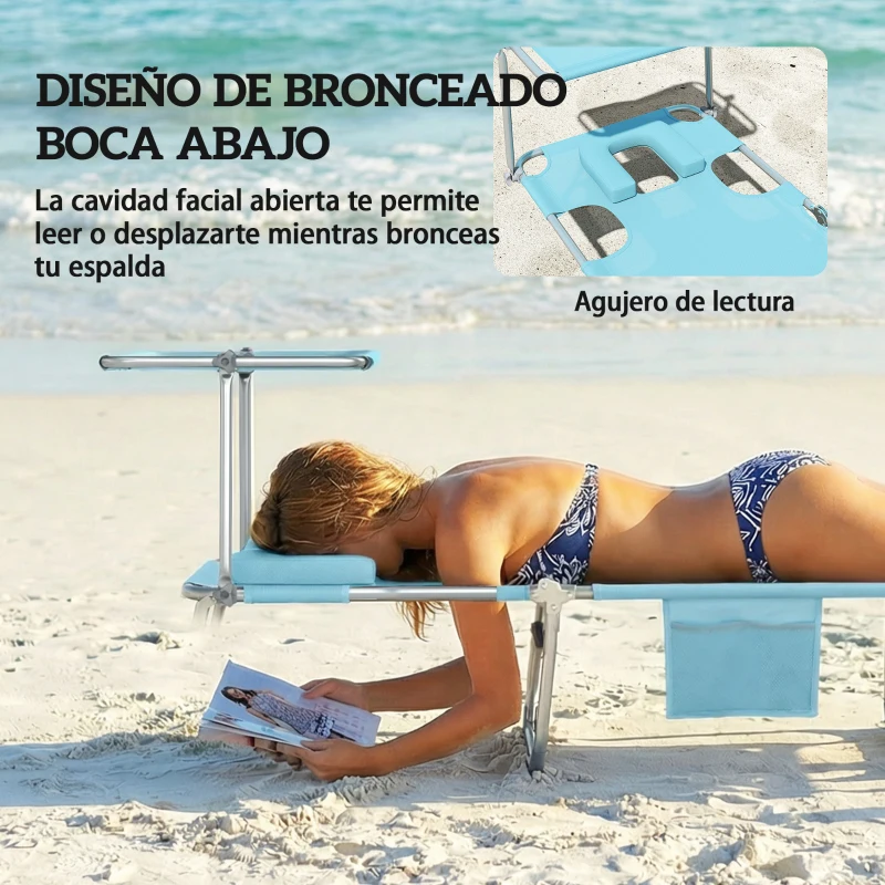 Outsunny Set de 2 Tumbonas Plegables Reclinables con Dosel 360° Orificio Facial Bolsillo Lateral y Textilene 550 g/m² Azul