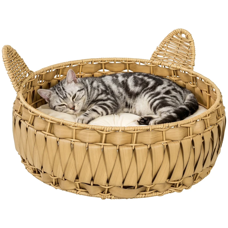 PawHut Rattan kattenmand met afneembaar kussen, kattenhol voor katten tot 10 kg, 50 x 50 x 25 cm, lichtbruin