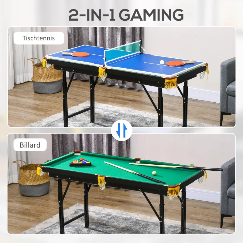 SPORTNOW 2-in-1 Pooltafel, Tafeltennistafel, met accessoires, 140x63x80cm, Blauw/Groen