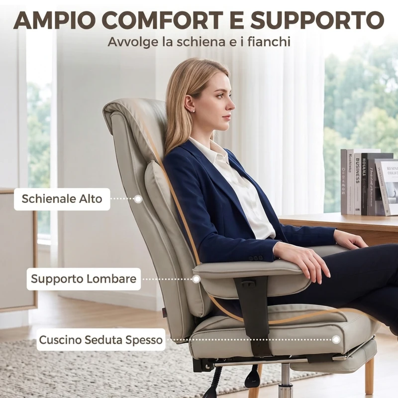 HOMCOM Sedia Ufficio Girevole Reclinabile 135° Finta Pelle, Poggiapiedi, Braccioli e Altezza Regolabili, Grigio Chiaro