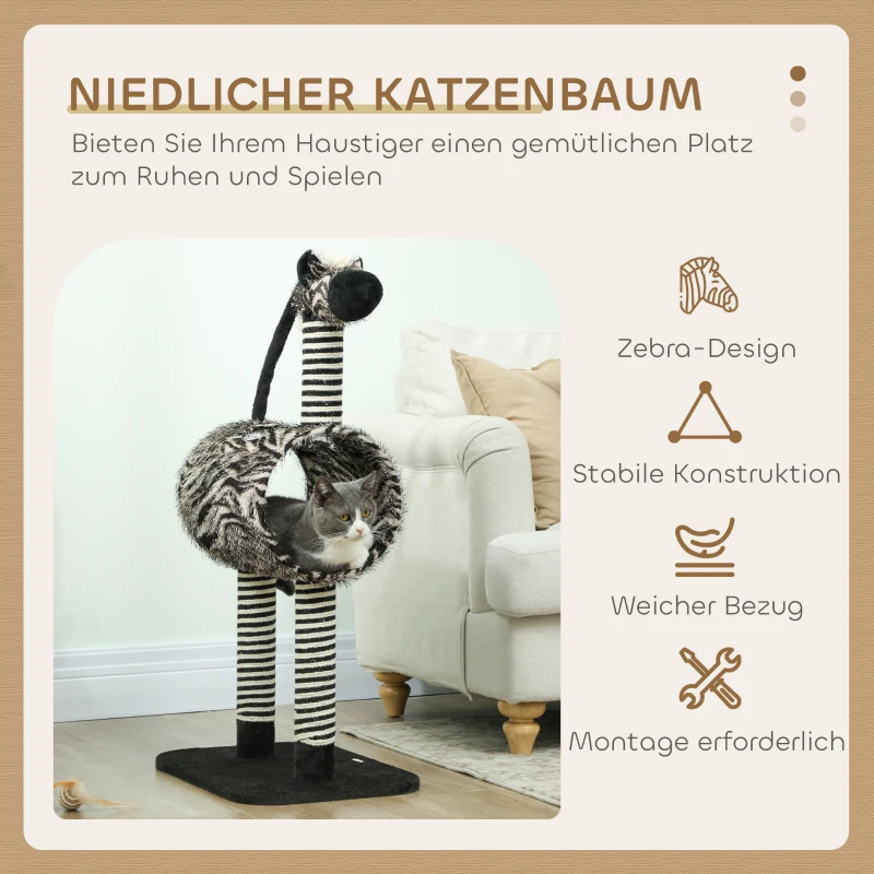PawHut kattenboom, kattenboom in zebradesign, klimboom met kattentunnel, kattenkrabpaal met jutepaal, speelboom, kattenmeubilair, zwart+wit, 93 cm