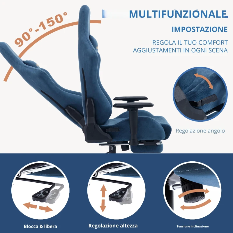 Sedia da gaming con poggiapiedi, in similpelle scamosciata traspirante, regolabile in altezza con pistone a gas, girevole, 70x70x135 cm, Blu