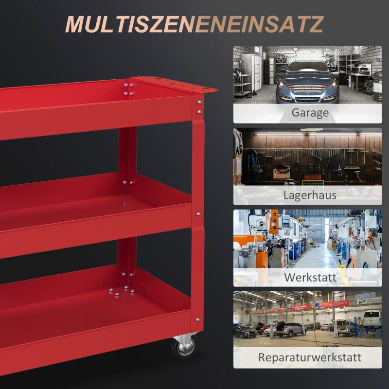 DURHAND 3-niveaus gereedschapswagen, 4 wielen, Staal, 83B x 35,3D x 76H cm, Rood
