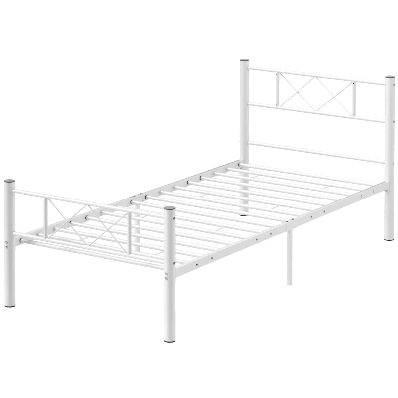 HOMCOM Eenpersoonsbedframe met Hoog Hoofdeinde, Eenvoudige Montage, Opbergruimte onder het Bed, Staal, Wit
