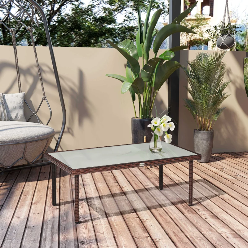 Outsunny Table basse de jardin plateau verre trempé 5 mm résine tressée imitation rotin marron