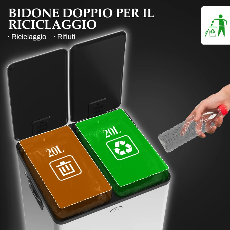 HOMCOM Bidone Immondizia a 2 Sezioni da 20L con Chiusura Silenziosa, in Acciaio Inox e PP, 45.8x36x51.6 cm