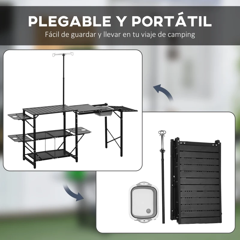 Outsunny Mesa de Camping Plegable con Fregadero Soporte para Lámpara y Estantes para Barbacoas Picnics y Viajes 173x52x80-174cm