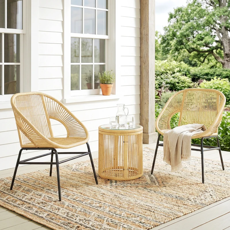 Outsunny Set da Bistrò da 3 Pezzi in Rattan e Acciaio con 2 Sedie, Tavolo Rotondo con Piano in Vetro Temperato, Beige