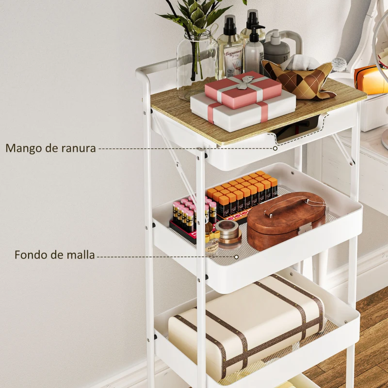HOMCOM Carrito Auxiliar con Ruedas de 4 Niveles con Cajón Encimera y Cestas de Rejilla para Dormitorio Baño Cocina Blanco