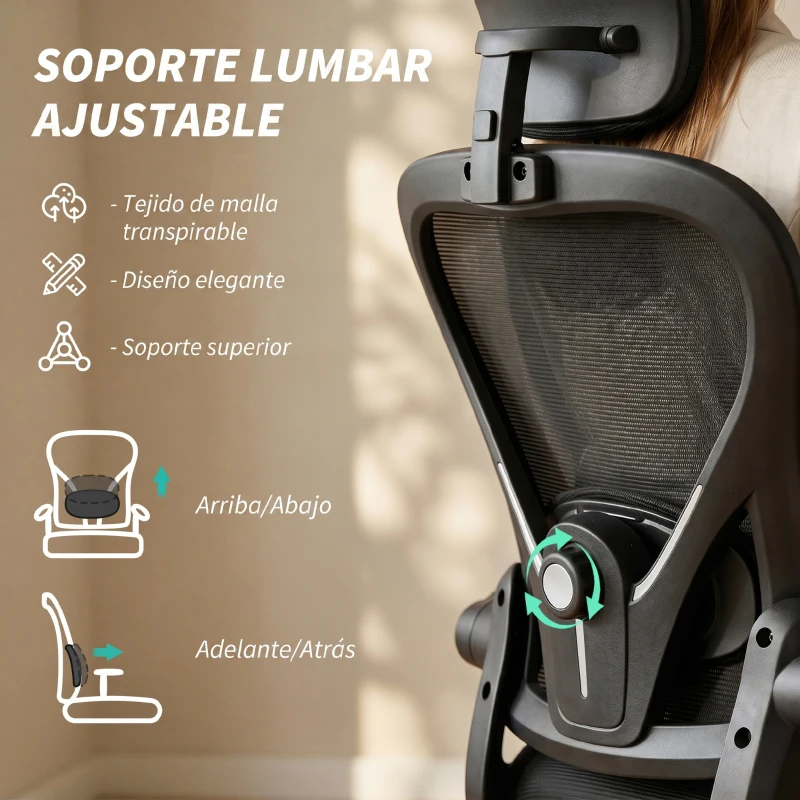 HOMCOM Silla de Escritorio de Malla Transpirable con Altura Ajustable Reposacabezas y Soporte Lumbar Ajustables Negro