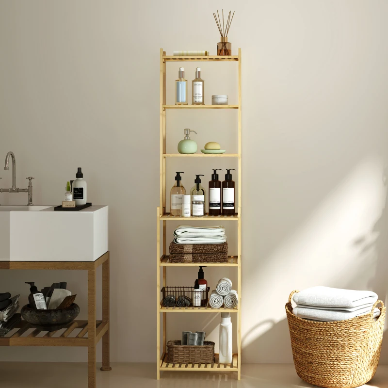 HOMCOM Estante de Casa de Banho de Bambu de 7 Níveis Estante de Arrumação com Desenho de Ripas 44x33x180 cm Madeira