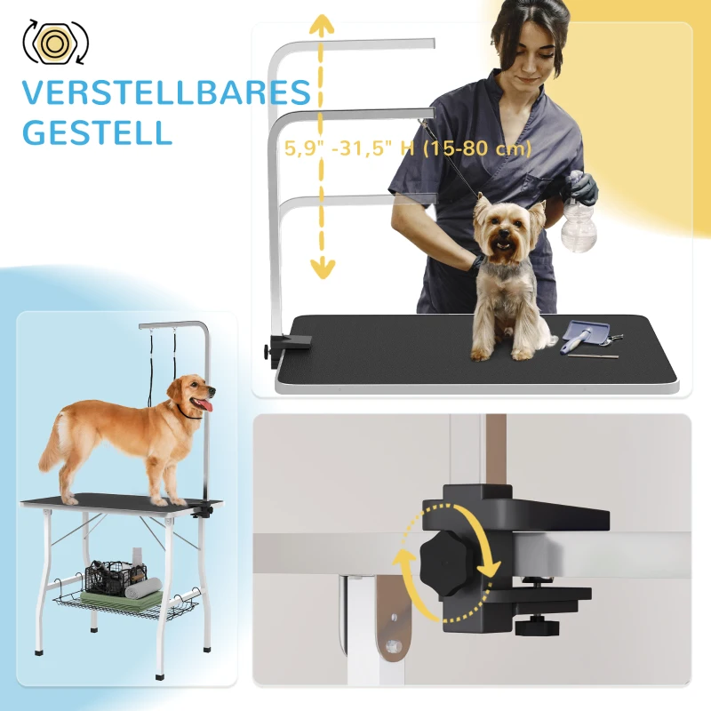 PawHut Hondentrimtafel met verstelbare arm, opbergvak, antislip rubberen oppervlak, 90 x 60 x 76 cm, Zwart