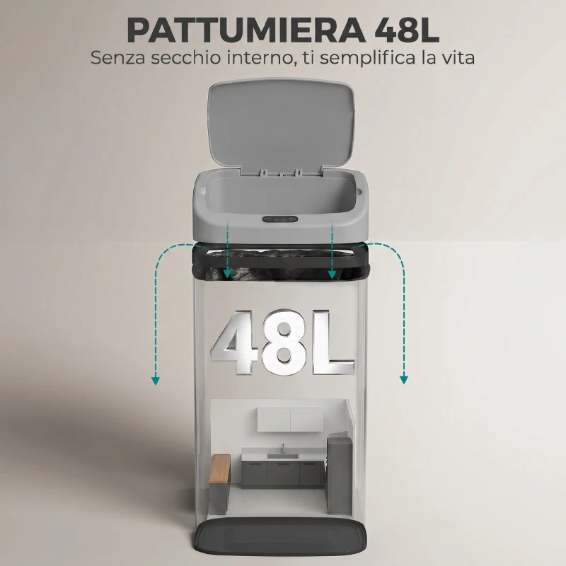 HOMCOM Pattumiera con Sensore da 48L a Chiusura Morbida, Superficie Anti-impronte, in Acciaio Inox, Argento
