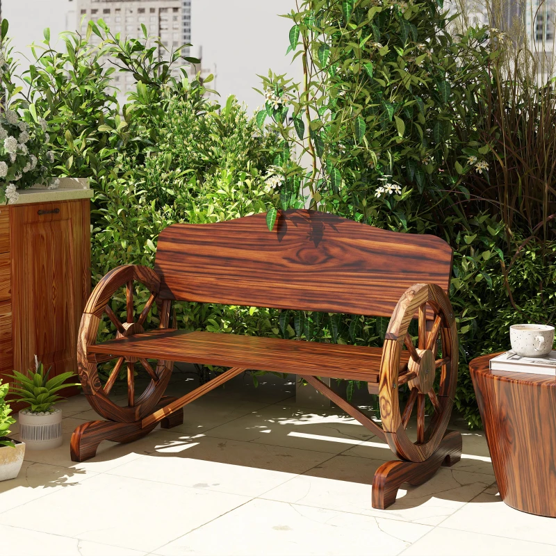 Outsunny 2-zits tuinbank met wiel-armleuningen, rustieke outdoorbank voor terras, veranda, vurenhout, bruin
