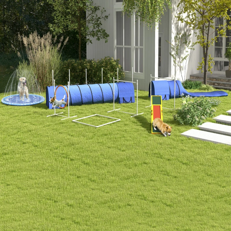 PawHut Honden-Agility-Set Hondenparcours, 1 ring, 2 tunnels, 2 hindernissen, 321 cm x 63 cm x 93 cm, Blauw + Rood + Wit(m-9)