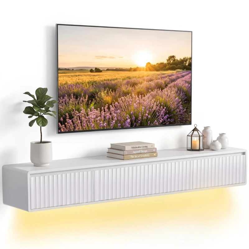 HOMCOM Meuble TV Suspendu Flottant 160 cm avec Éclairage LED et Prises, Meuble Télé pour Téléviseur 72 Pouces, Blanc