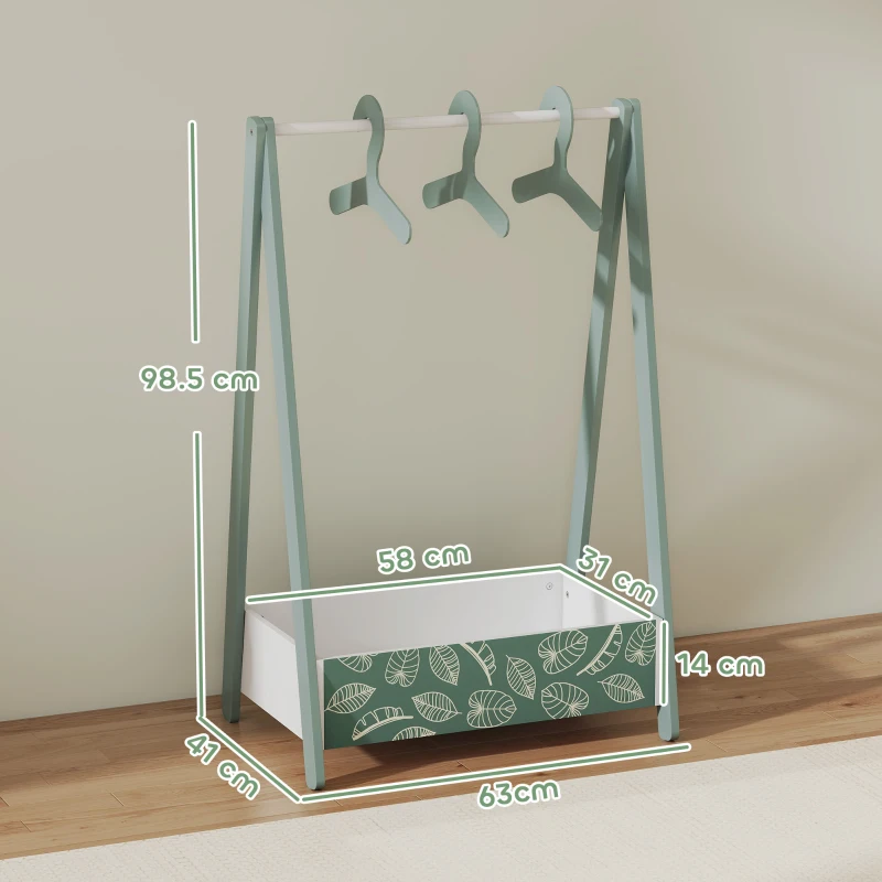 AIYAPLAY Baby Clothing Rack with Hangers, Storage Shelf for Bedroom, Leaf Theme, for Ages 3-6, Green