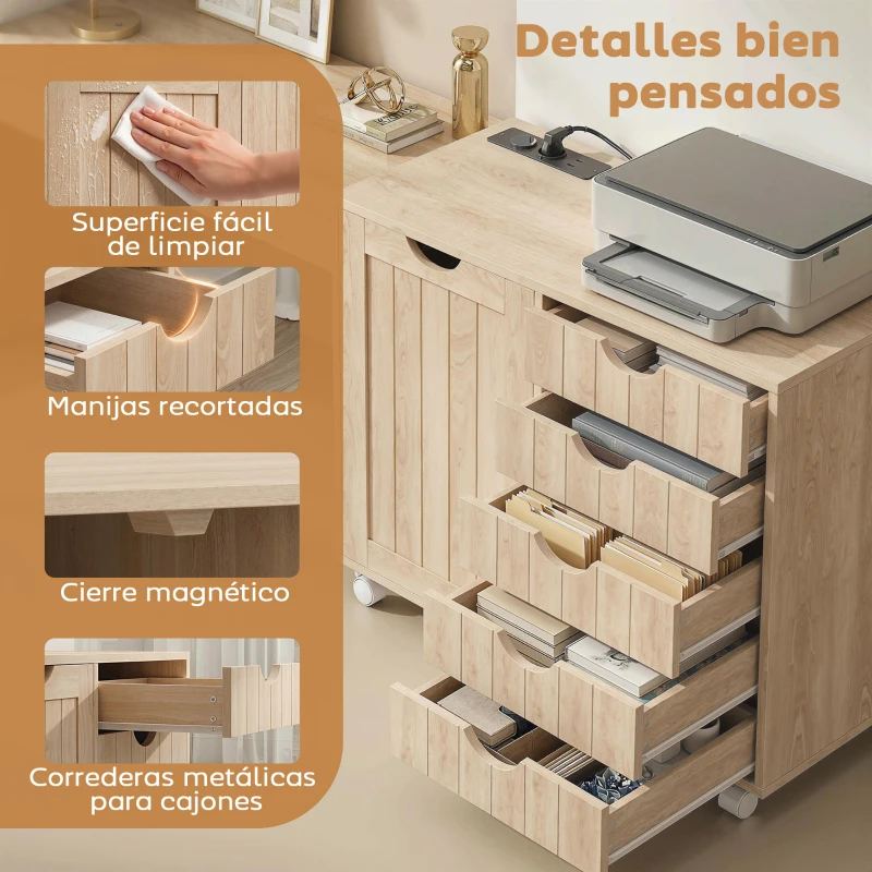 HOMCOM Mueble para Impresora con Estación de Carga y Ruedas 5 Cajones Puertos USB Estante Ajustable Natural
