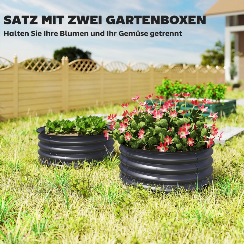 Outsunny 2-delige set verzinkte plantenbakken, Ø60 x 30H cm bloempotten met open bodem voor diverse planten, Donkergrijs