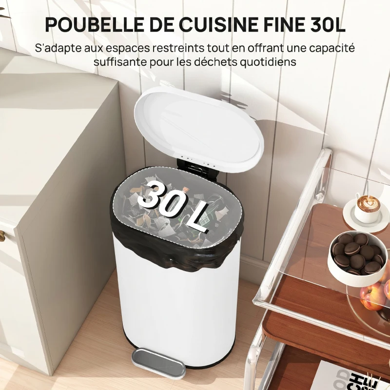 HOMCOM Poubelle cuisine 30L, poubelle à pédale, seau intérieur amovible, couvercle à fermeture douce, 36,5x31x61cm, blanc