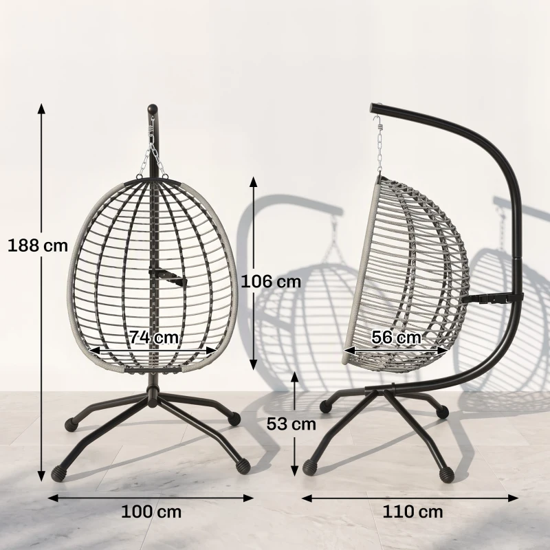 Outsunny Hangstoel, zit- en rugkussen, opvouwbare zitmand, bekerhouder, metalen frame, grijs