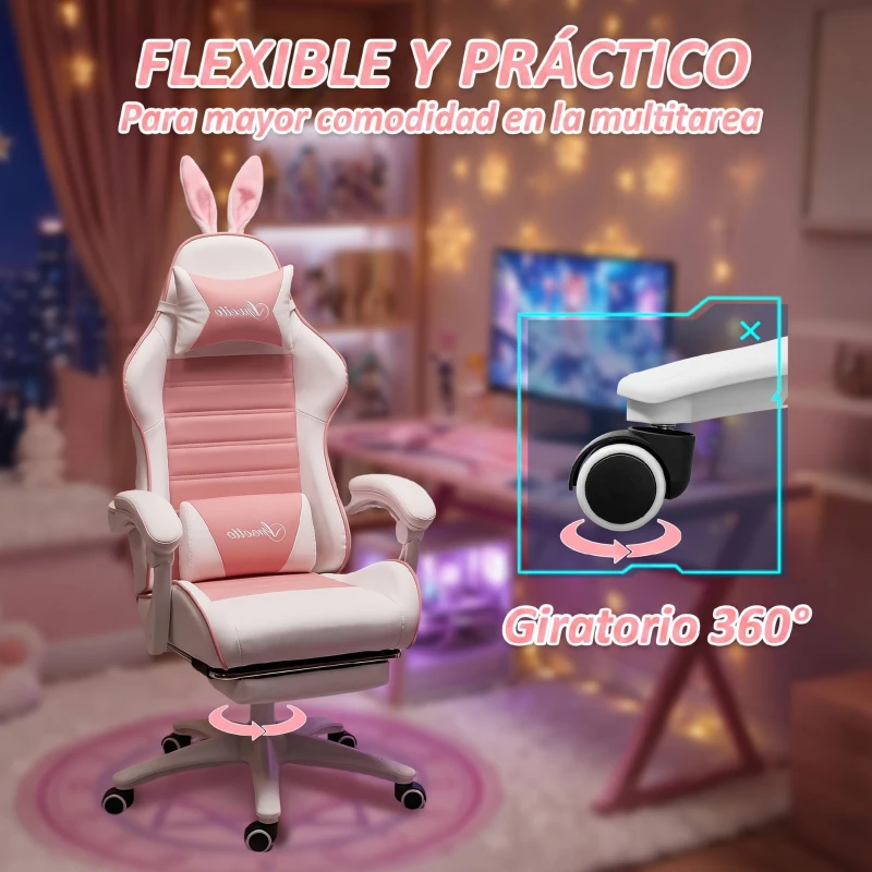 Vinsetto Silla Gaming Profesional de Cuero PU con Altura Ajustable Inclinable 135° Reposacabezas 65x63x136-142 cm Rosa y Blanco