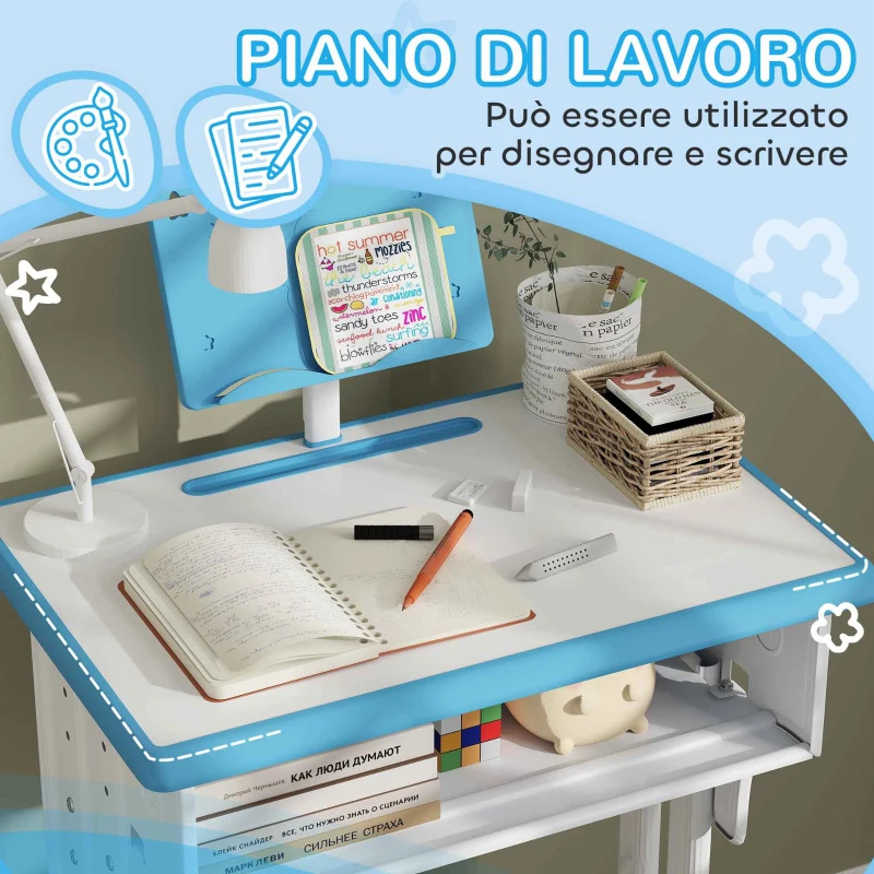 HOMCOM Banco Scuola per Bambini 6-12 Anni ad Altezza Regolabile con Leggio e Mensola, in Acciaio e MDF, Blu