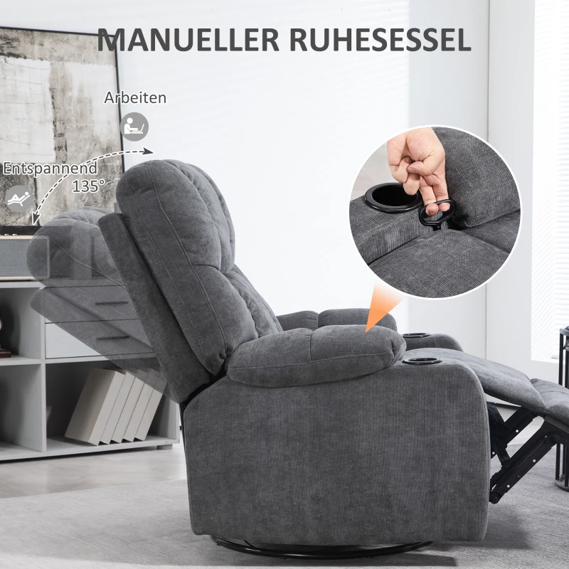HOMCOM Relaxfauteuil met voetsteun, ligstoel, draaibaar, tot 150 kg, stalen frame, 88x96x108 cm, donkergrijs(m-4)
