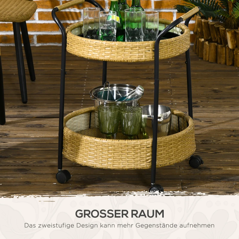 Outsunny Buitenserveerwagen, 2 niveaus, remmen, polyrattan, metalen frame, Φ50 x 66H cm, Geel