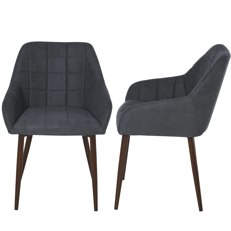 HOMCOM 2 Pieces Linen-Touch Fabric Dining Chair with Grid Pattern Cushion and Backrest, Mid Back Leisure Chair with Steel Leg, Sponge Padded Armchair for Dining Room