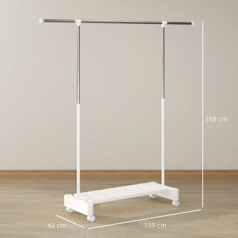 HOMCOM Uscător de Rufe Extensibil cu Roți și Frână, Raft pentru Încălțăminte și Structură din Oțel Inox, Alb