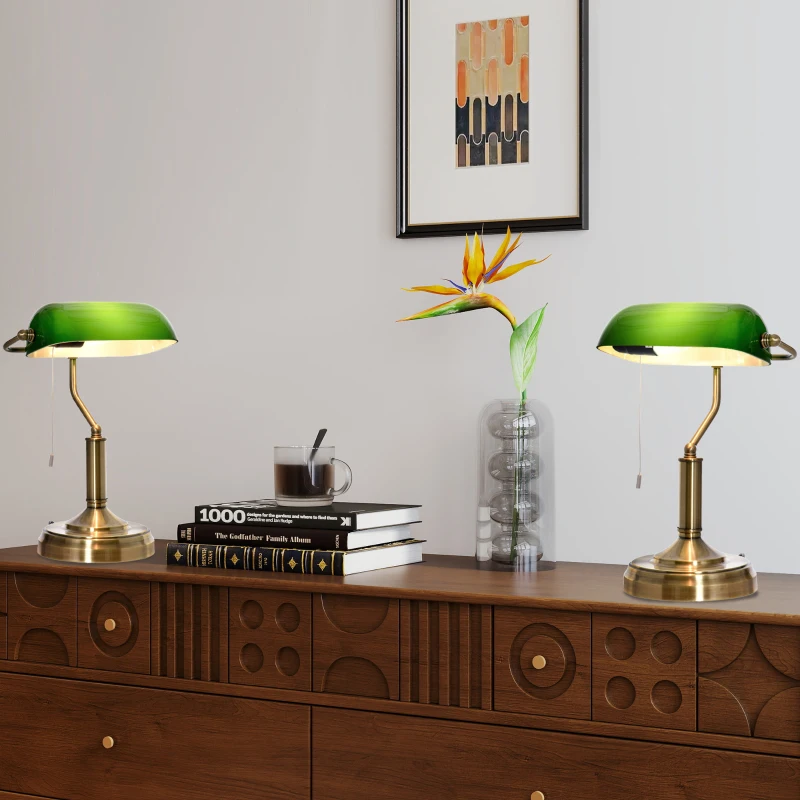 HOMCOM Banker's Table Lamps Set of 2, Desk Lamps with Antique Bronze Tone Base, Green Glass Shade and Pull Rope Switch for Home Office, Living Room, Bedroom, Dining Room, Green