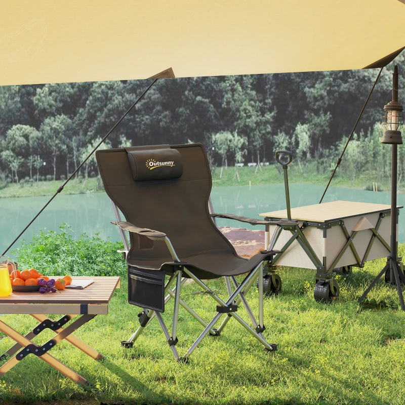 Scaun de Camping Pliabil și Reclinabil Outsunny cu Suport pentru Picioare Detașabil, Tetieră și Suport pentru Pahare, Negru