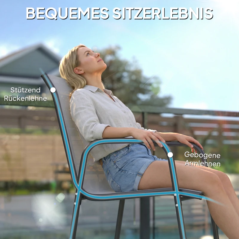 Outsunny Tuinstoelen 4-delige Set Stapelbare Terrasstoelen met Ademend Rugvlak, Armleuningen 120 kg Draagvermogen