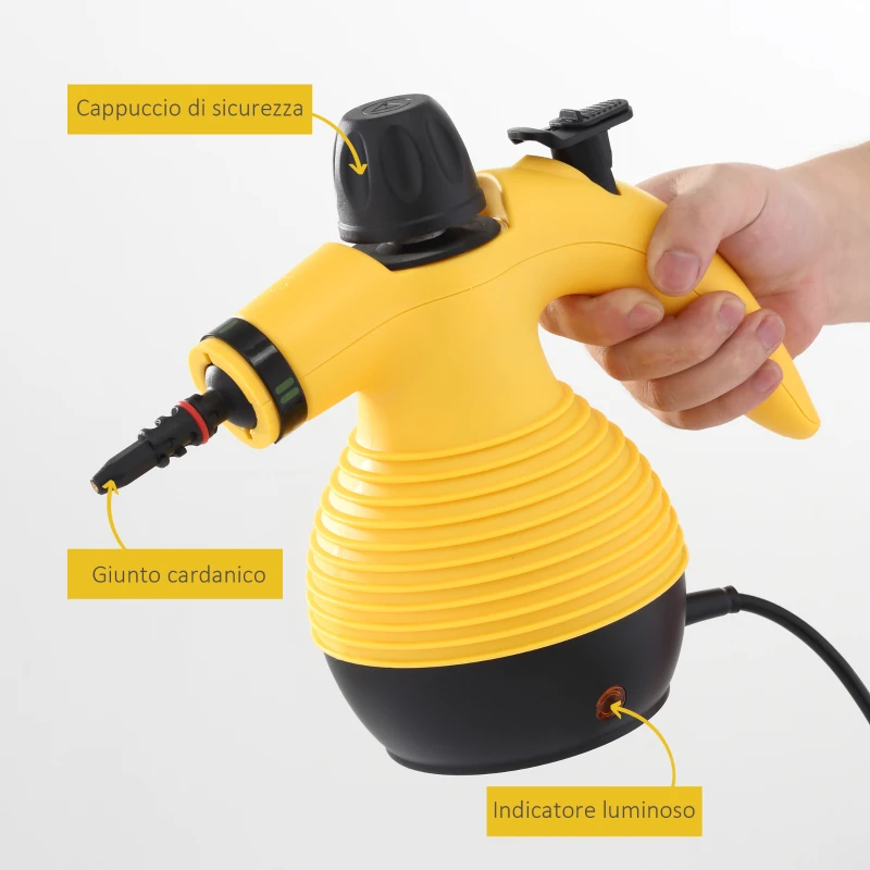 HOMCOM Pistola a Vapore Multiuso con 9 Accessori, Potenza 900-1050W e Serbatoio 350ml, 30x15x21cm, Giallo