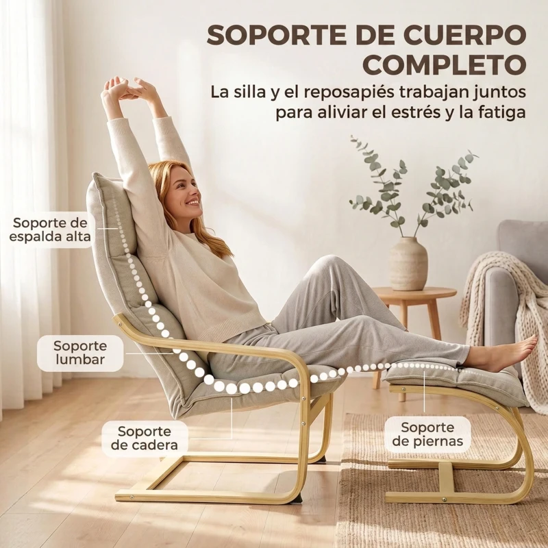 HOMCOM Sillón con Reposapiés Tapizado en Lino con Balanceo Suave Respaldo Alto Brazos y Patas de Madera Beige