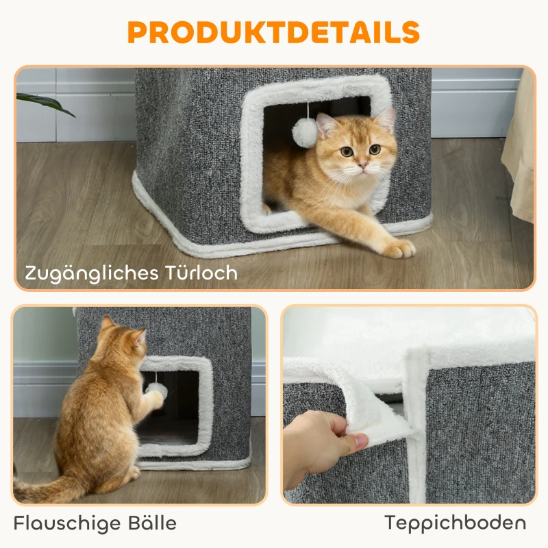 PawHut 4-laags krabtoren, krabpaal met 3 holen, spaanplaat, speelballen, grijs