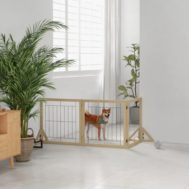 PawHut Valla para Mascotas Plegable de 3 Paneles con Plegado Bidireccional y Patas de Apoyo Triangulares 210x44x70 cm Natural