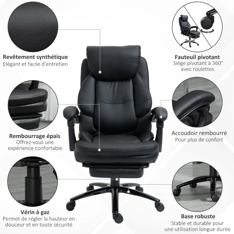 Vinsetto Chaise de bureau fauteuil de bureau ergonomique grand confort hauteur réglable dossier inclinable repose-pieds pivotant à 360 ° 73 x 66 x 118 cm noir