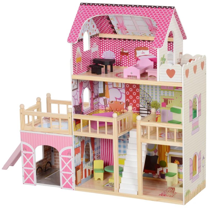 AIYAPLAY 3 Levels Dolls House Play Set with 13 Wooden Furniture Pieces and Accessories,