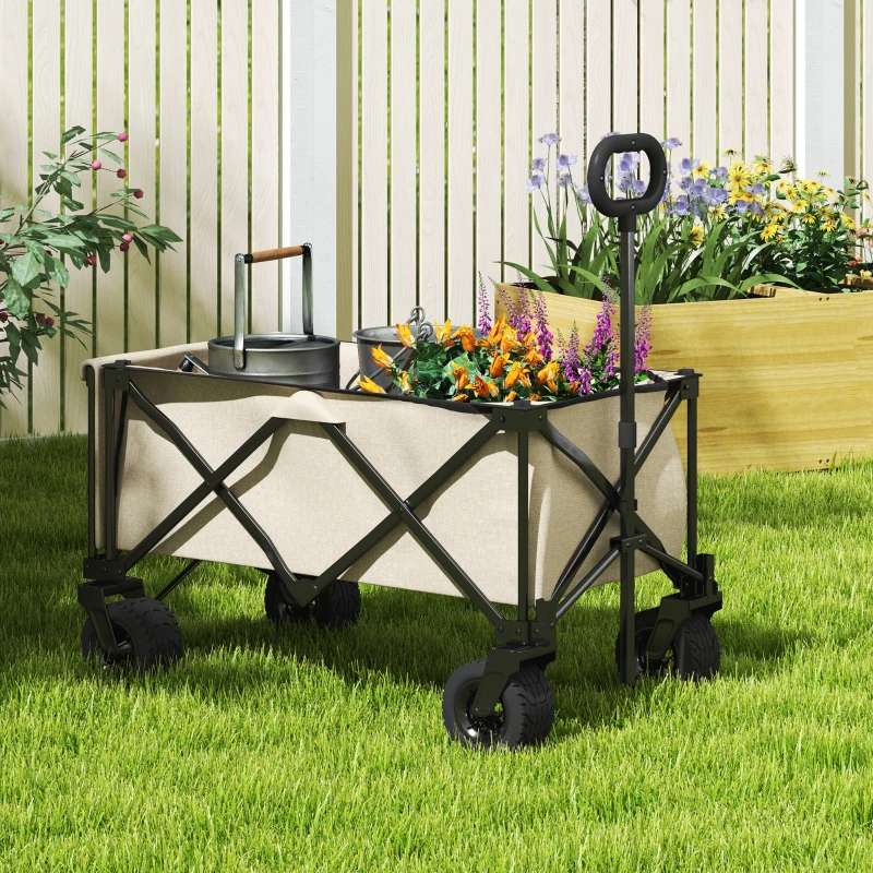 Outsunny Tuinwagen 100 kg Belastbaar, Opvouwbare Transportkar met Uitneembare Doek, 90 x 48 x 92 cm - Beige