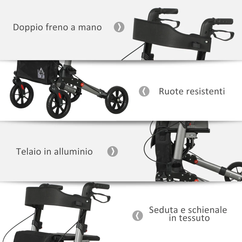 HOMCOM Deambulatore Pieghevole in Allumino ad Altezza Regolabile con Borsa, 64x67x80-92 cm, Nero e Argento