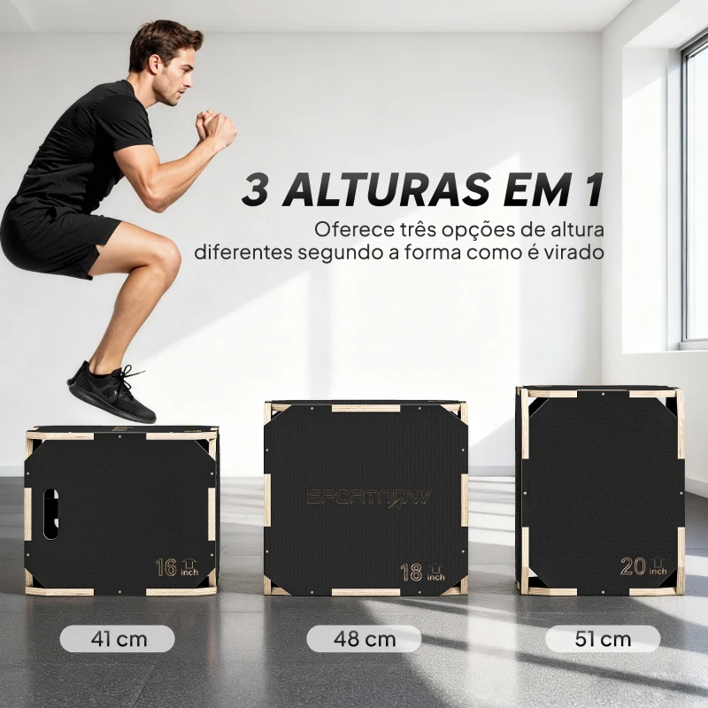 SPORTNOW Caixa Pliométrica de Madeira com 3 Alturas Diferentes para Treino de Salto Força em Casa Ginásio e Exterior 51x47,5x40,5 cm Preto