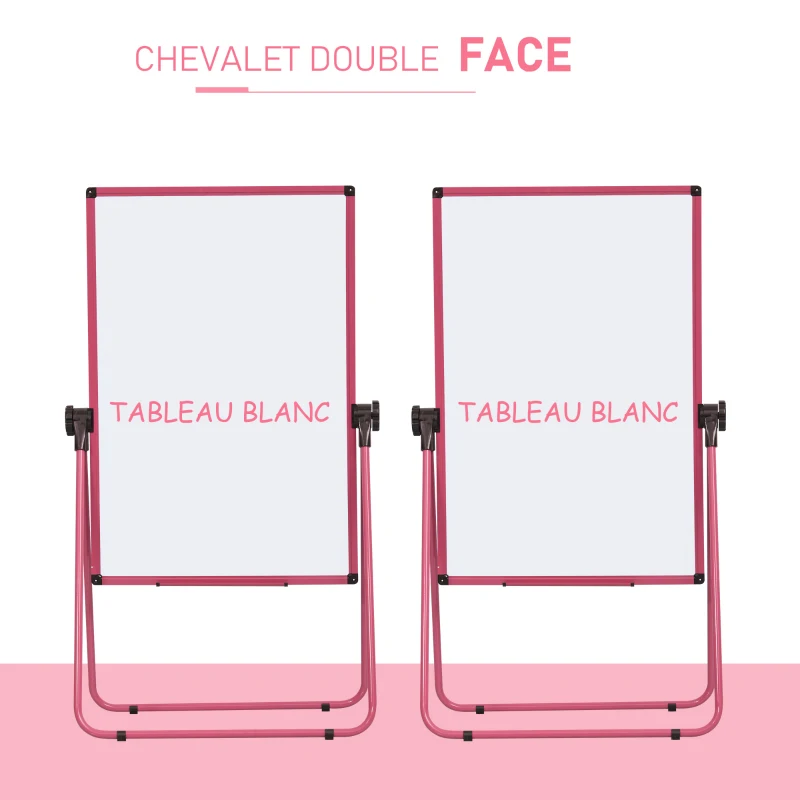 HOMCOM Chevalet de conférence pliable - tableau blanc magnétique double face - pivotant, réglable en hauteur 73L x 45l x 92-158H cm - rose