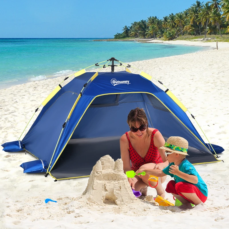 Outsunny Tenda da Spiaggia Pop Up per 2 Persone con Finestre, in Fibra di Vetro e Poliestere, 220x173x120 cm, Blu Giallo