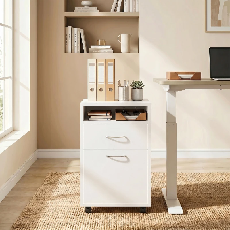 HOMCOM Schedario da Ufficio con Cassetto, Armadietto, Ruote a Freno e Ripiano Aperto, Cassettiera Ufficio per Lettera/Legale/Formato A4, Armadio Verticale per Studio, 40x35x60 cm, Bianco
